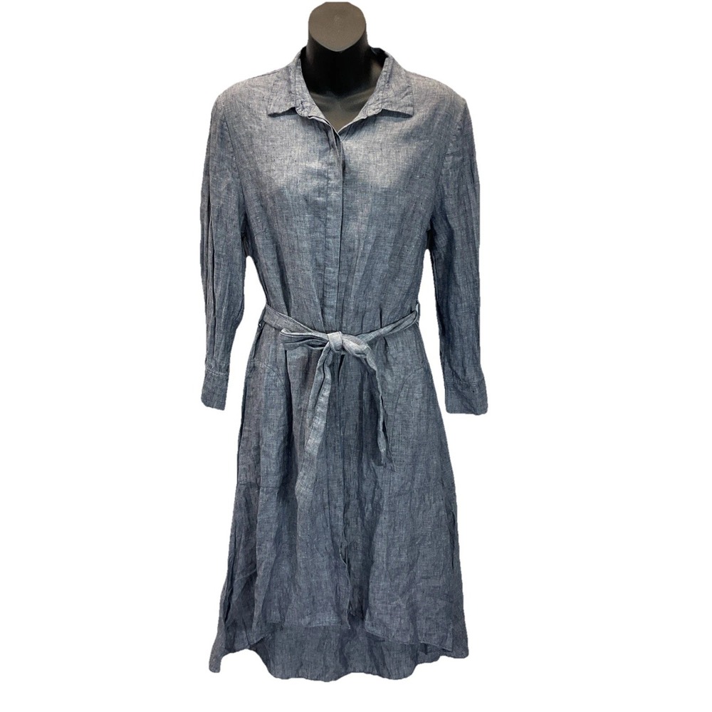 Saks Fifth Avenue Women's M Blue Shirt Dress Long Sleeve 100% Linen belted midi